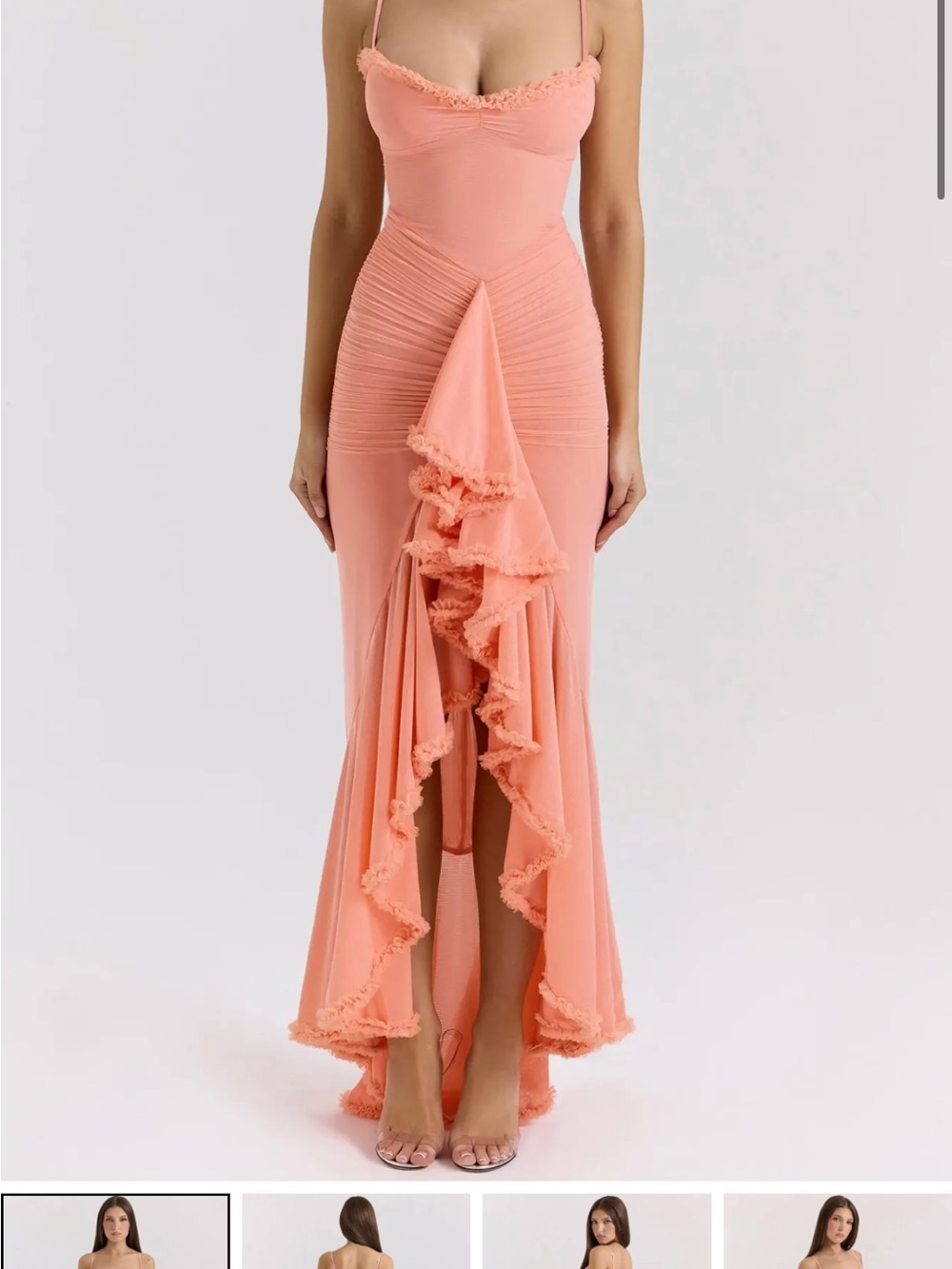 Spaghetti-Strap Coral High-Low Ruffle Maxi Dress